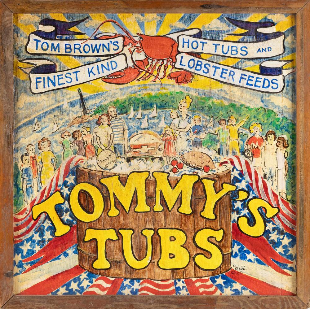 Appraisal: HAND-PAINTED DOUBLE-SIDED SIGN FOR TOMMY'S TUBS AMERICA OIL ON BOARD