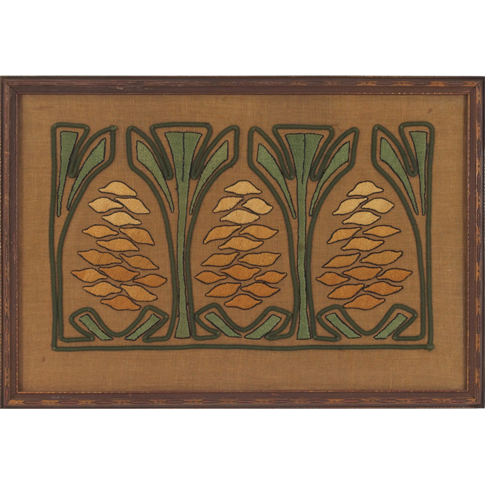 Appraisal: Arts Crafts textile stylized pine cone pattern on a tan