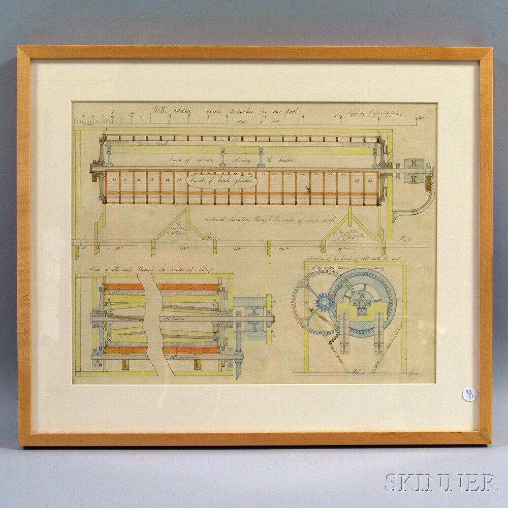 Appraisal: Framed Hand-colored Engineering Drawing of a Wire Bolter signed u