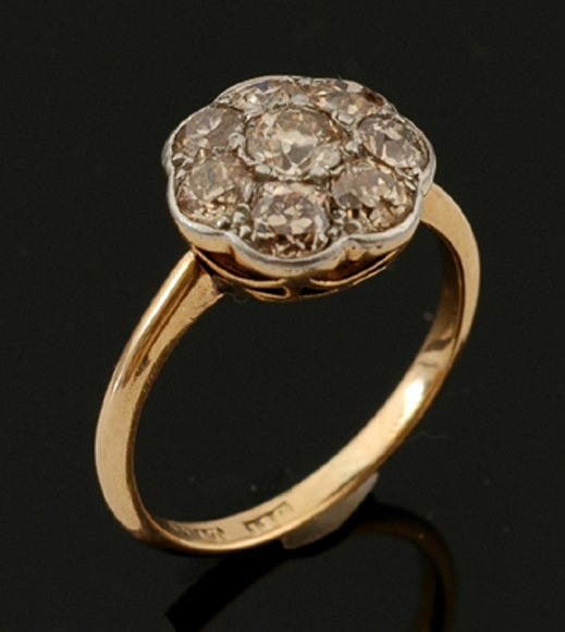 Appraisal: OLD CUT COGNAC DIAMOND CLUSTER RING IN CT GOLD AND