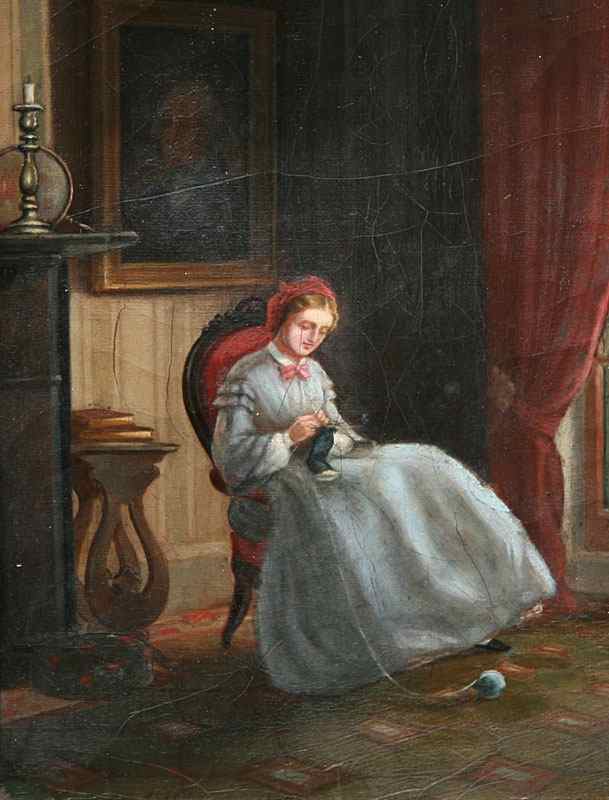 Appraisal: AMERICAN SCHOOL OIL CANVAS INTERIOR SCENE WITH WOMAN KNITTING BY