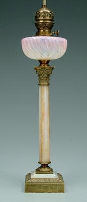 Appraisal: Marble lamp base opalescent to pink swirl glass font Corinthian