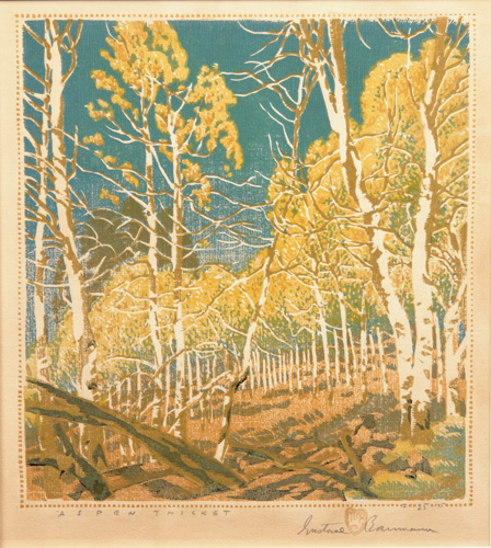 Appraisal: GUSTAVE BAUMANN Color woodblock print Aspen Thicket Matted and framed