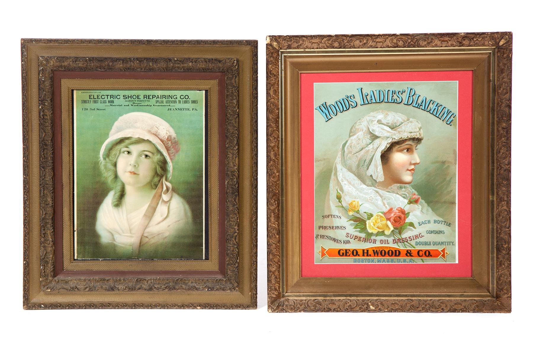 Appraisal: TWO FRAMED CHROMOLITHOGRAPH LADIES' ADVERTISING PRINTS American ca Wood's Ladies'