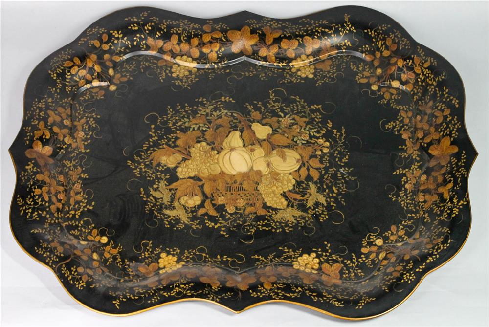 Appraisal: TOLE PEINTE SHAPED TRAY the center with harvest basket design