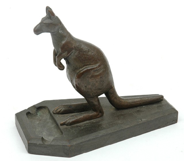 Appraisal: BRONZE KANGAROO ASHTRAY th century The standing figure raised on