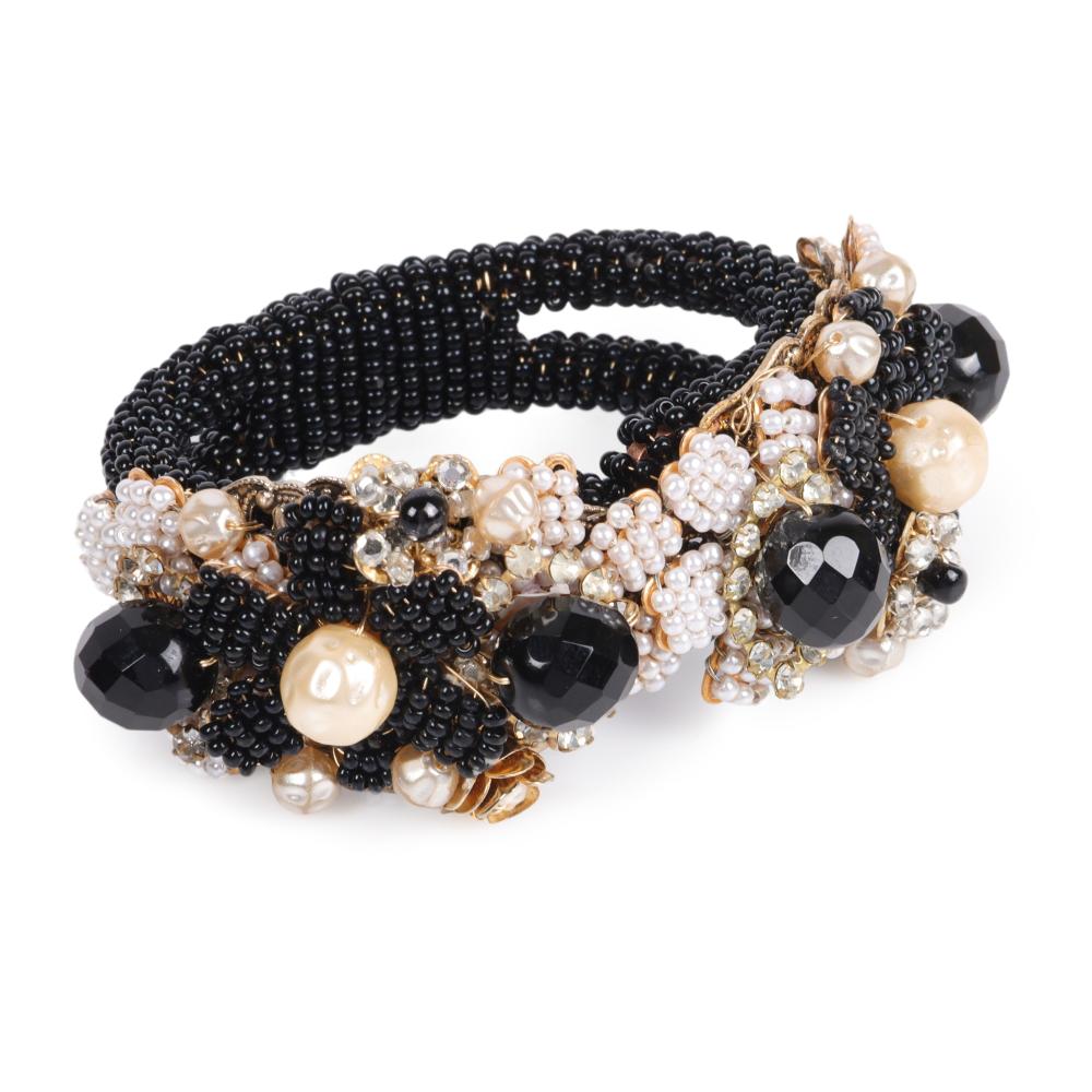 Appraisal: MIRIAM HASKELL BLACK AND WHITE BEADED CLAMPER BRACELET WITH FLORAL