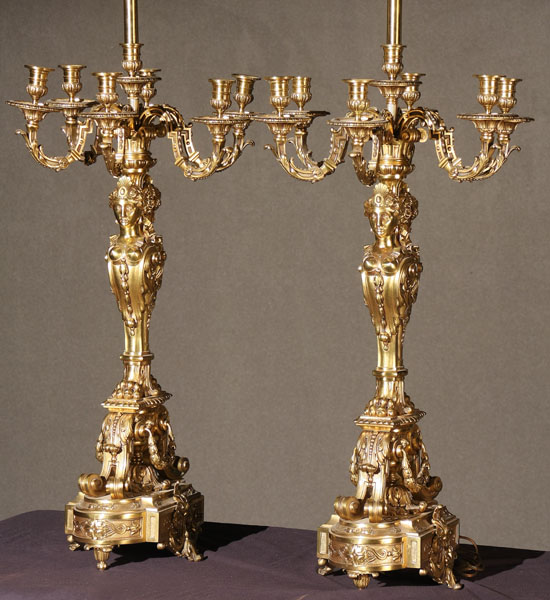 Appraisal: Pair of Louis XV Style Ormolu Six-Light Candelabra th Century