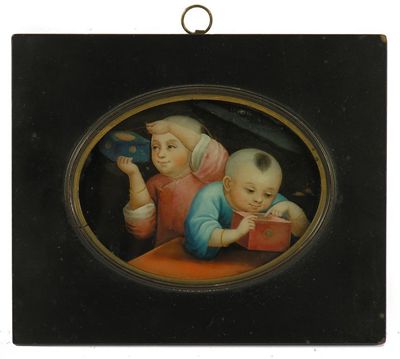 Appraisal: A Chinese reverse glass painting of two children with cricket