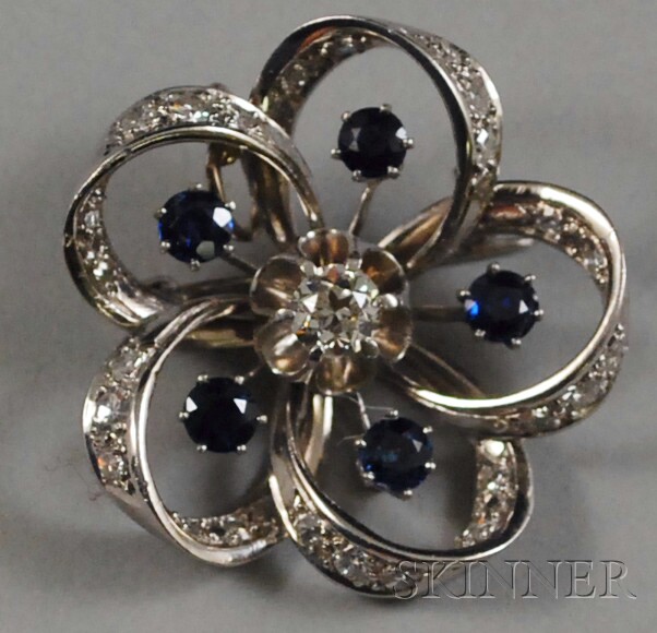 Appraisal: Platinum Sapphire and Diamond Pendant Brooch set with old European-