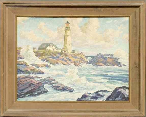 Appraisal: Oil on masonite painting of a lighthouse compound on a