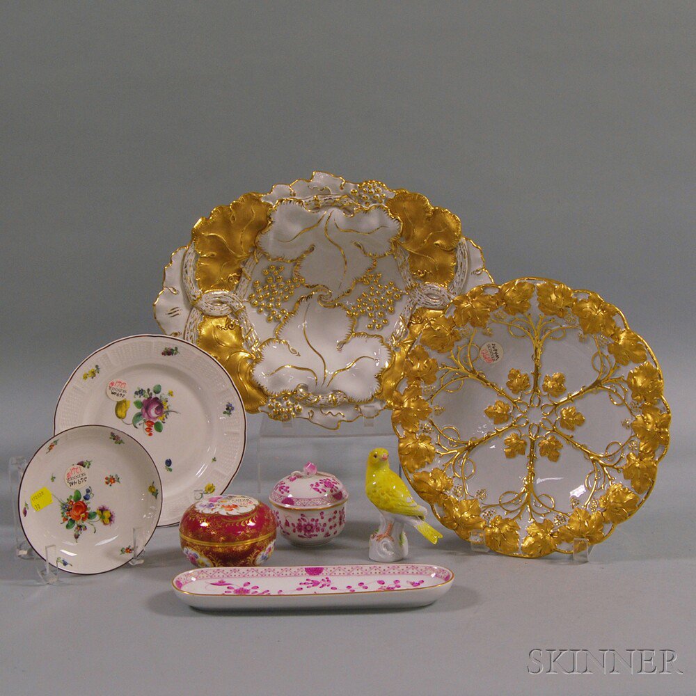 Appraisal: Group of Mostly Meissen Porcelain Items two gilt leaf-molded bowls