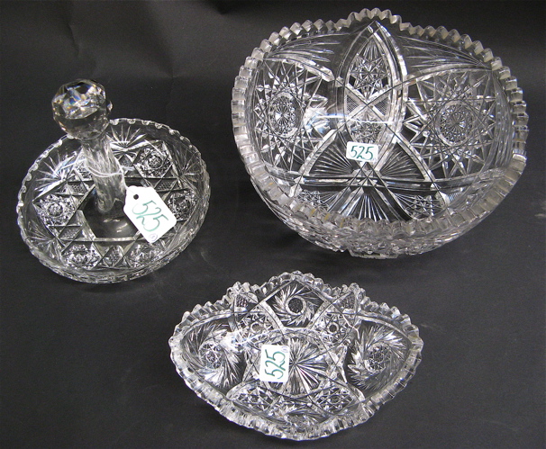 Appraisal: THREE AMERICAN CUT GLASS TABLE ACCESSORIES various hobstar designs including