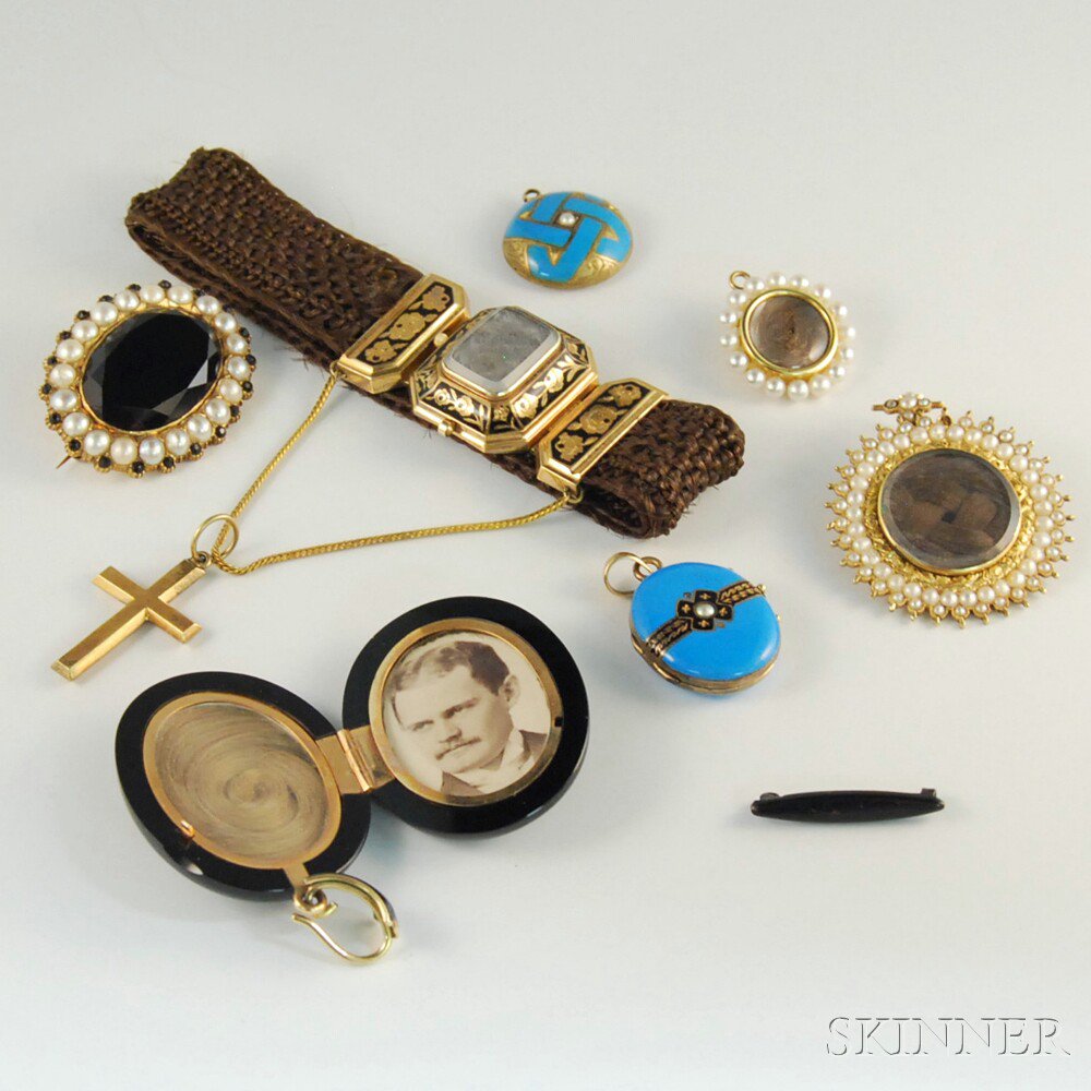 Appraisal: Small Group of Memorial and Mourning Jewelry two enamel lockets