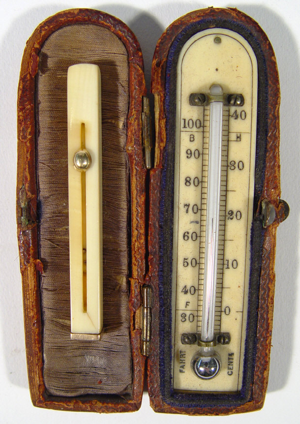 Appraisal: th Century ivory backed mercury pocket thermometer in a leather