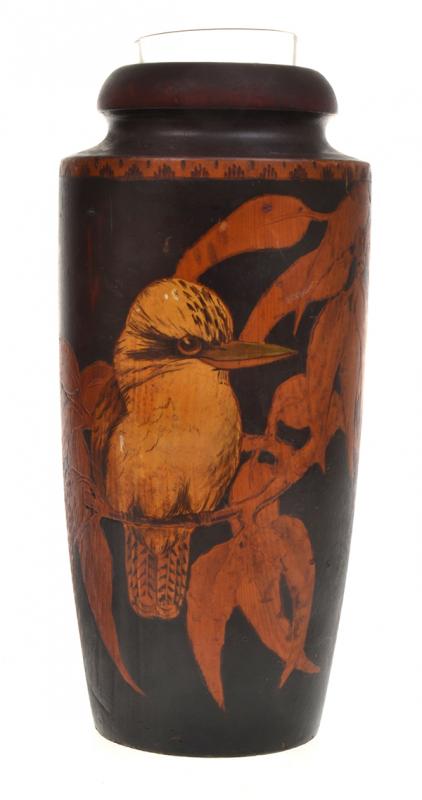 Appraisal: AUSTRALIAN POKERWORK KOOKABURRA VASE WITH GLASS INSET AUSTRALIAN POKERWORK KOOKABURRA