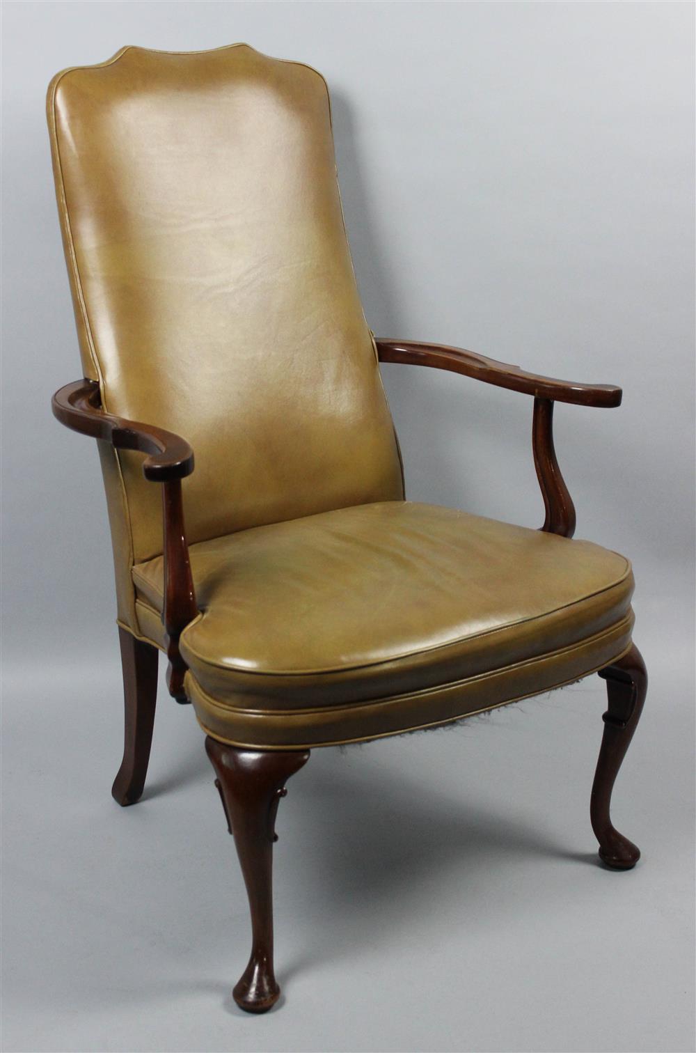 Appraisal: QUEEN ANNE STYLE LEATHER OPEN ARM CHAIR having a shaped