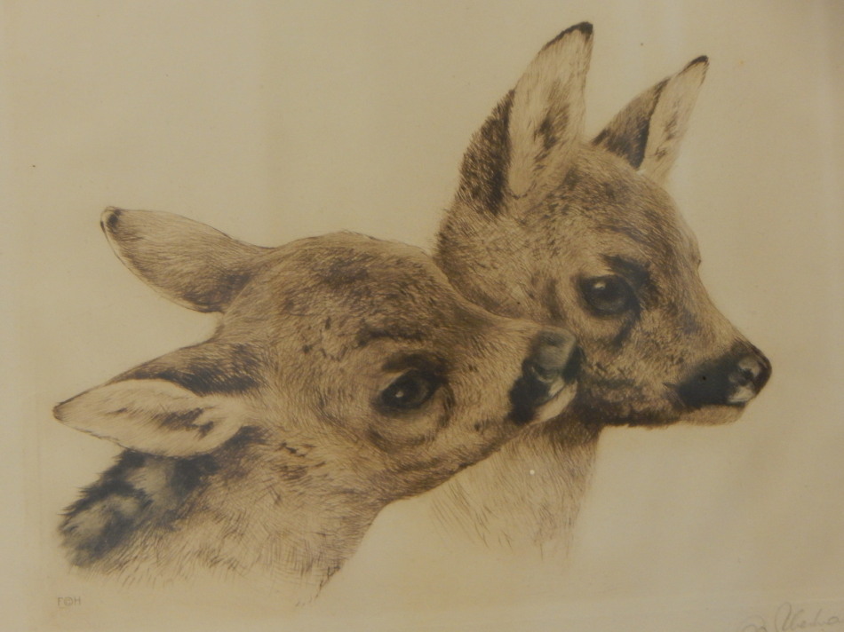 Appraisal: thC Continental School Fawn and foal artist signed etchings