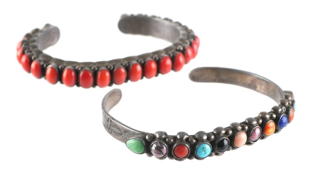 Appraisal: Two sterling Navajo bracelets signed J Morgan coral cabs and