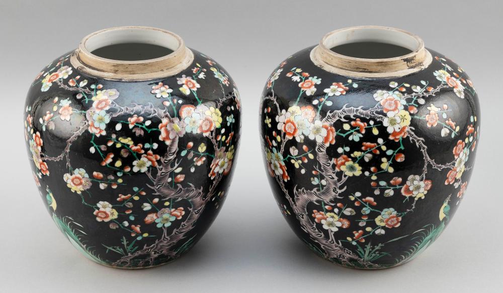 Appraisal: PAIR OF CHINESE FAMILLE NOIRE PORCELAIN GINGER JARS LATE TH