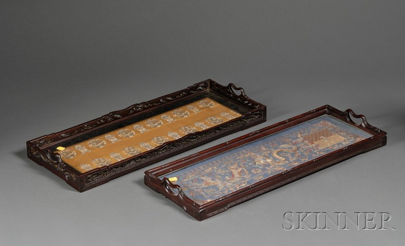 Appraisal: Two Rosewood Trays China early th century glass bottoms framing