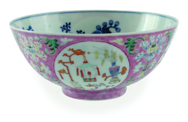 Appraisal: A FINE FAMILLE ROSE PINK GROUND LANTERN MEDALLION BOWL DAOGUANG