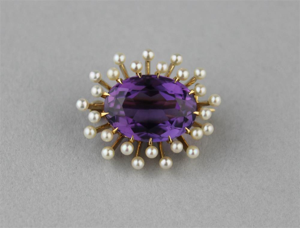 Appraisal: OVAL AMETHYST AND PEARL-SET BROOCH the estimated weight of the