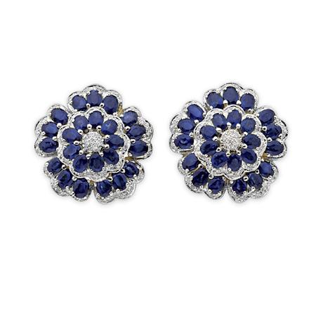 Appraisal: Pair of Sapphire and Diamond Flower Earclips Estimate -