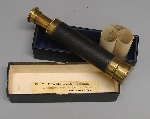 Appraisal: draw brass telescope measuring when open Leather on tube exhibits