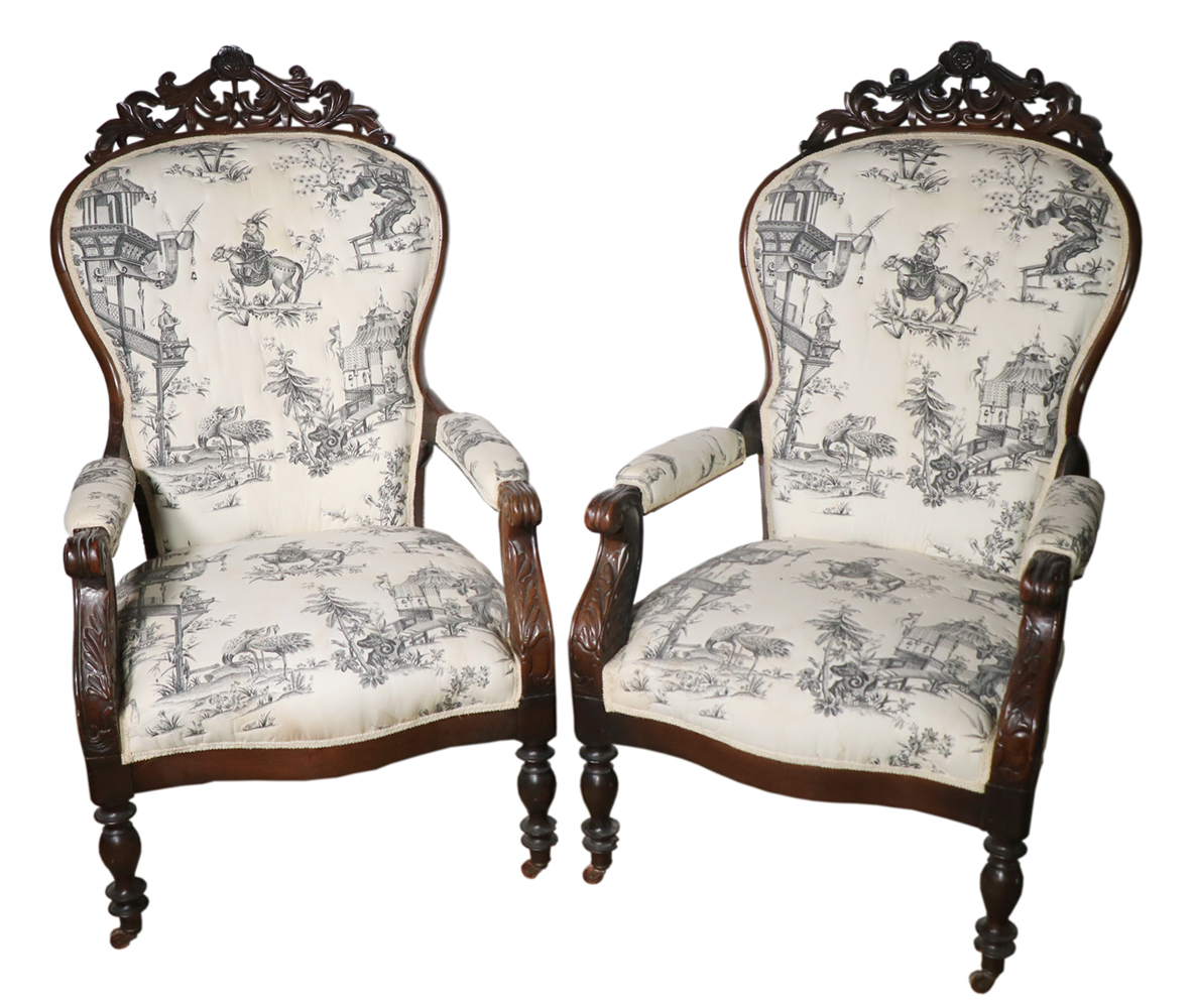 Appraisal: PR OF ARMCHAIRS Pair th c carved Victorian armchairs with