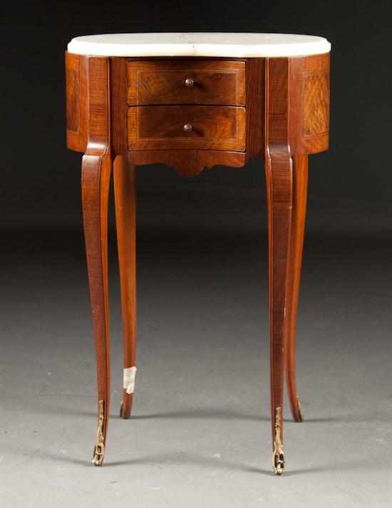 Appraisal: Louis XV style inlaid walnut marble-top chiffonier rognon th century