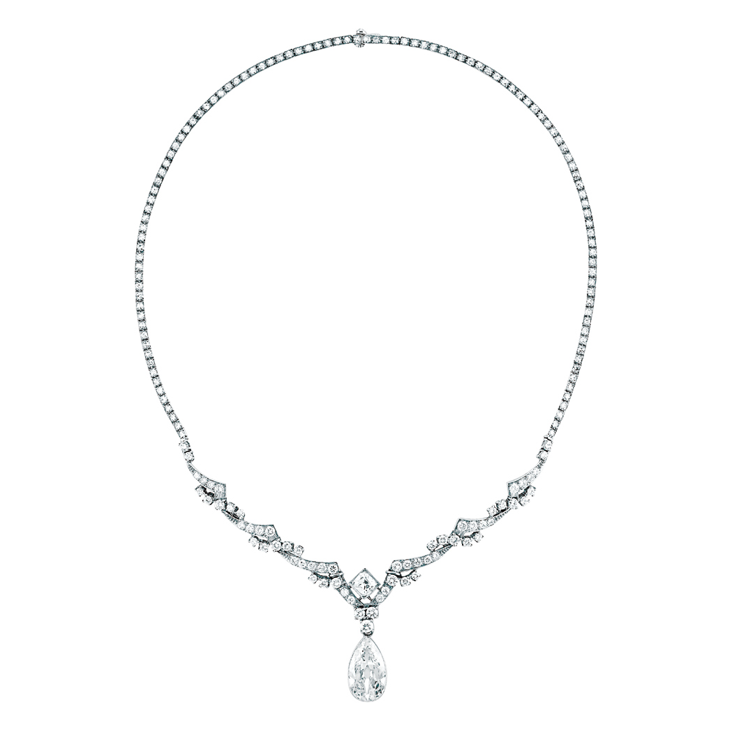 Appraisal: Platinum and Diamond Necklace The stylized ribbon motif completed by