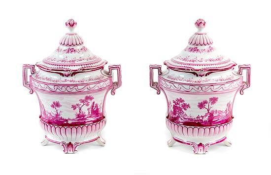 Appraisal: A Pair of French Faience Covered Urns Height inches A