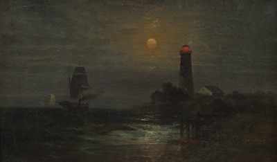 Appraisal: Franklin Dullin Briscoe American - Moonlit marine scene with lighthouse