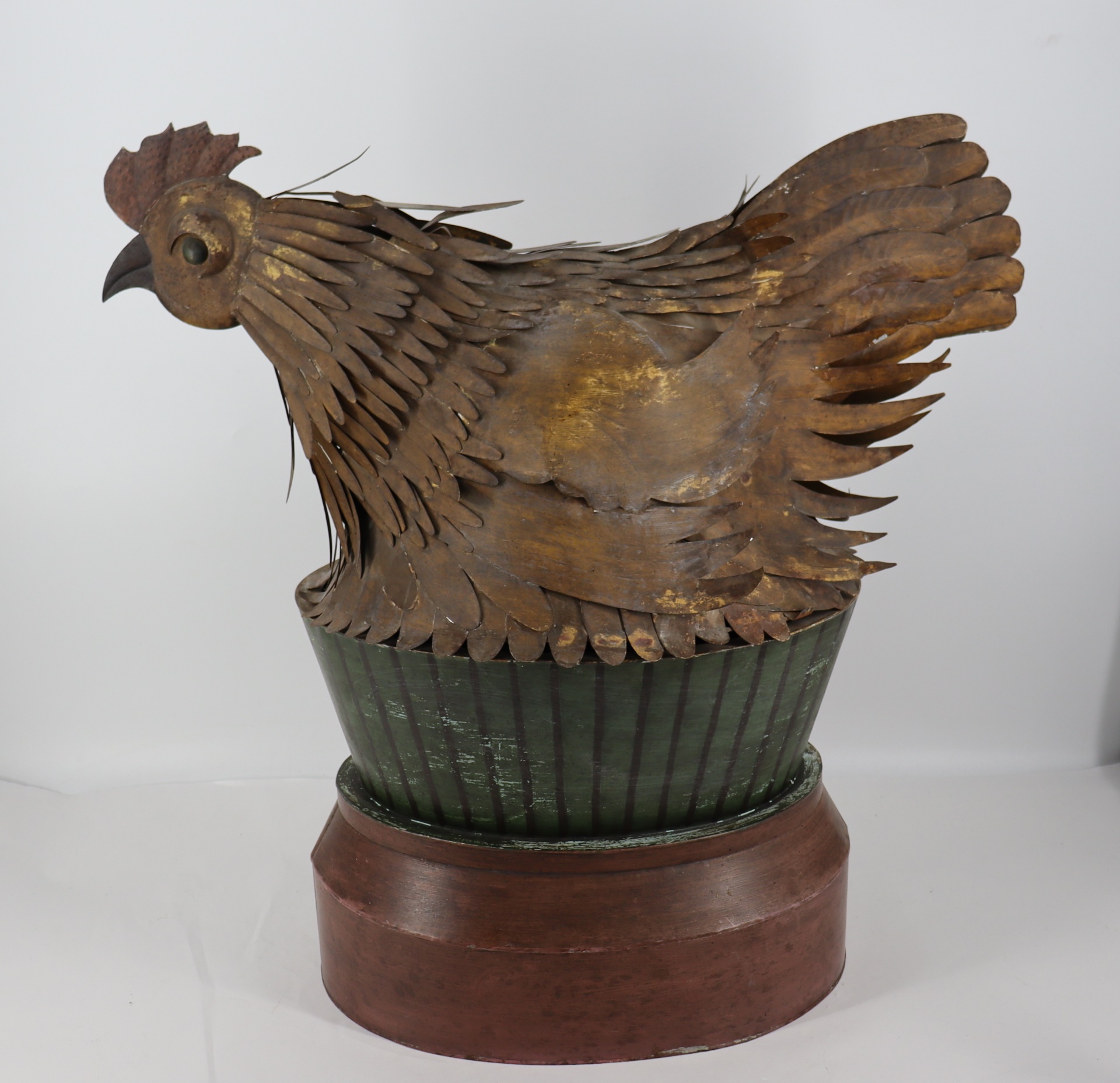 Appraisal: ANTIQUE TOLE METAL HEN ON NEST Lift top From a