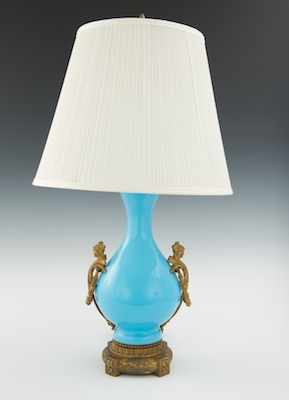 Appraisal: A French Turquoise Opaline Glass Lamp with Ormolu Mounts th