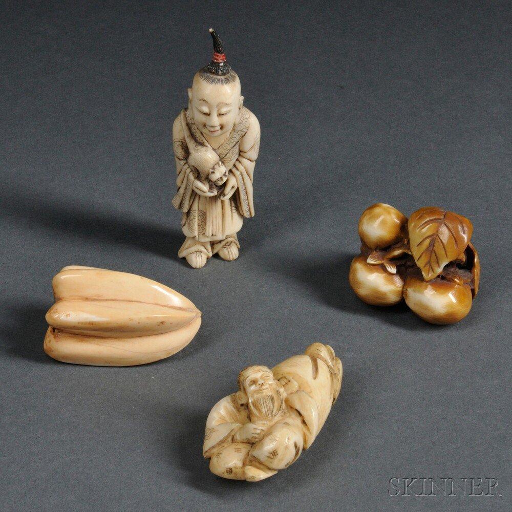 Appraisal: Four Ivory Netsukes Japan th th century a standing man