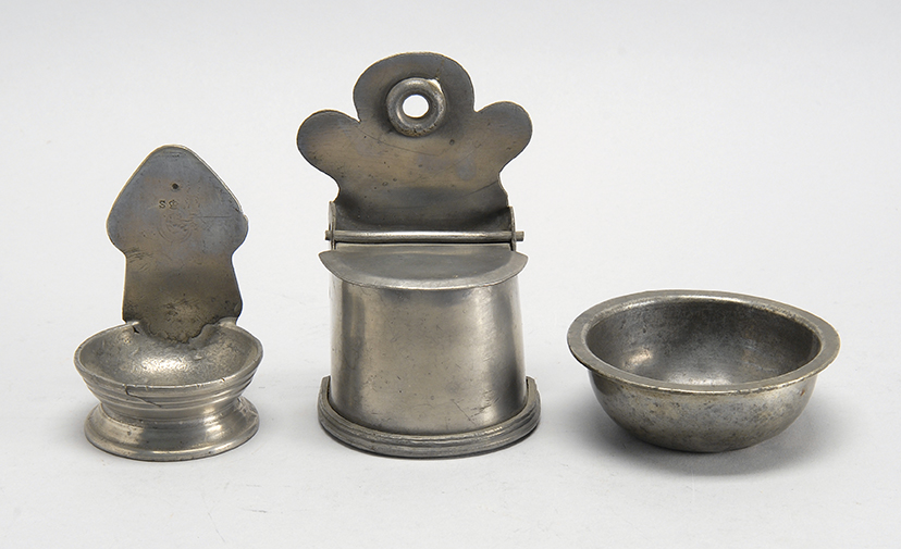 Appraisal: THREE EUROPEAN PEWTER SALTS th CenturyOne a small bowl and