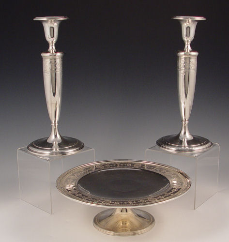 Appraisal: TIFFANY CO STERLING FOOTED TAZZA WITH PAIR CANDLESTICKS Tiffany Co