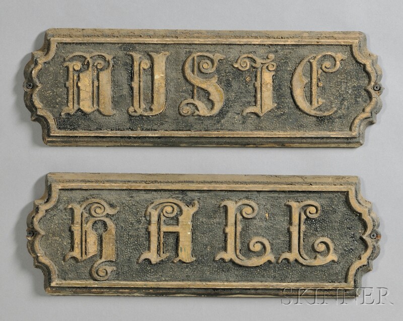 Appraisal: Lot Carved Gilded and Painted Two-piece Music Hall Sign America