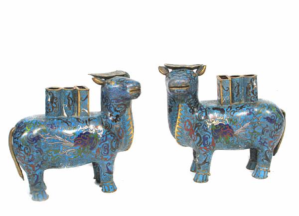 Appraisal: A pair of blue cloisonne animal form censers height in