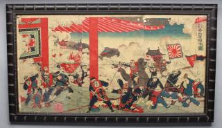 Appraisal: Antique Chinese Battle Scene Triptych Antique Chinese Battle Scene Triptych