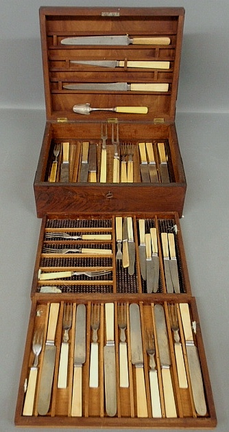 Appraisal: - Mahogany cased cutlery set c with bone handles the