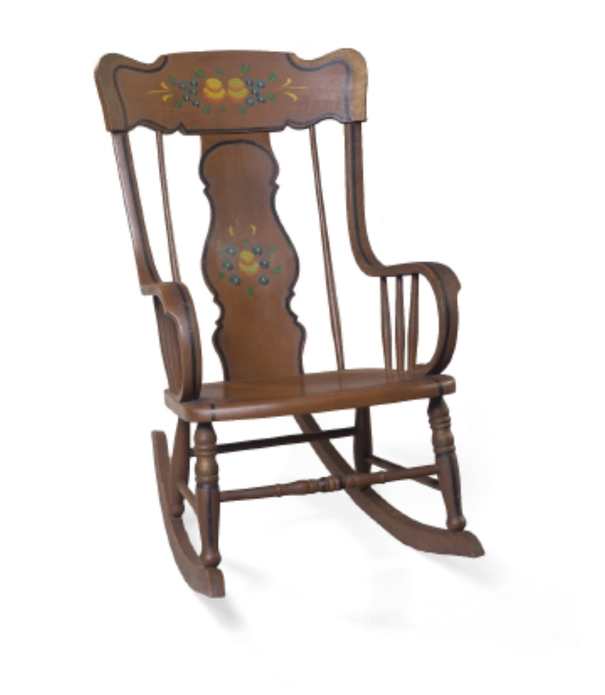 Appraisal: AMERICAN BROWN-PAINTED AND DECORATED PLANK SEAT ROCKING CHAIR CIRCA