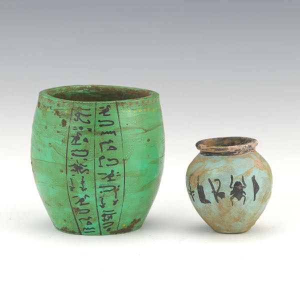 Appraisal: TWO EGYPTIAN STYLE FAIENCE VASES Glazed pottery vases in Egyptian