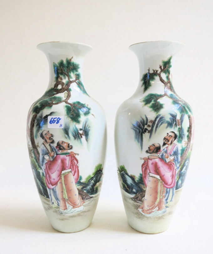 Appraisal: A PAIR OF CHINESE ENAMELED PORCELAIN VASES matching baluster form