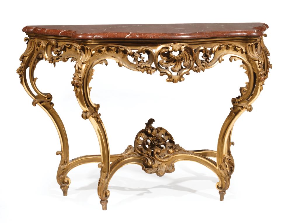 Appraisal: French Rococo Revival Carved and Gilded Console th c serpentine