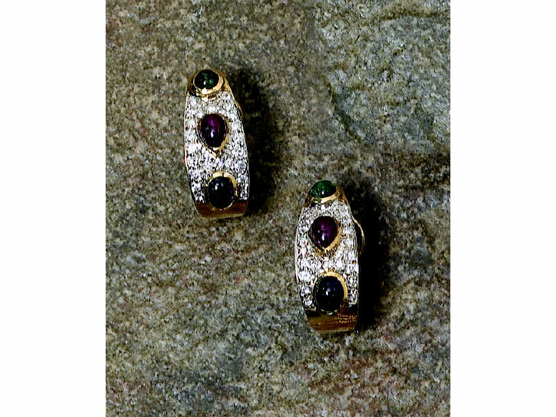 Appraisal: GEMSTONE AND DIAMOND HOOP EARRINGS K yellow gold pierced earrings