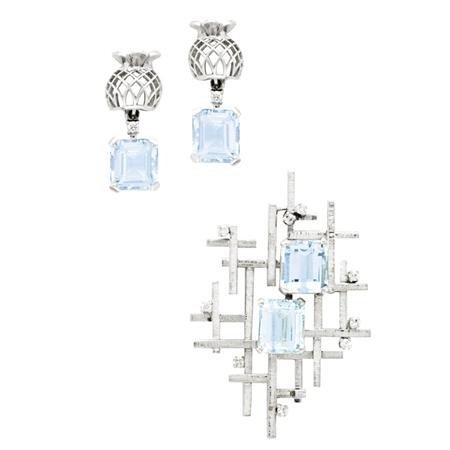 Appraisal: White Gold Aquamarine and Diamond Brooch and Pair of Pendant-Earrings