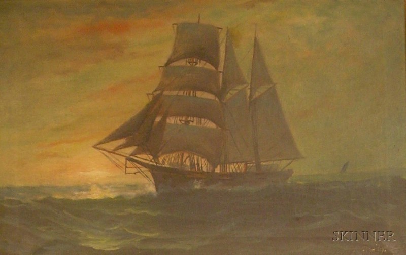 Appraisal: Framed Oil on Canvas View of Ship at Sunset inscribed